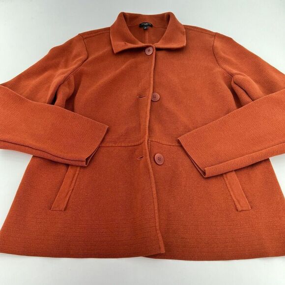 Talbots Petite L Cardigan Blazer Orange Collared Button-Front Cotton Blend Knit - Picture 1 of 4